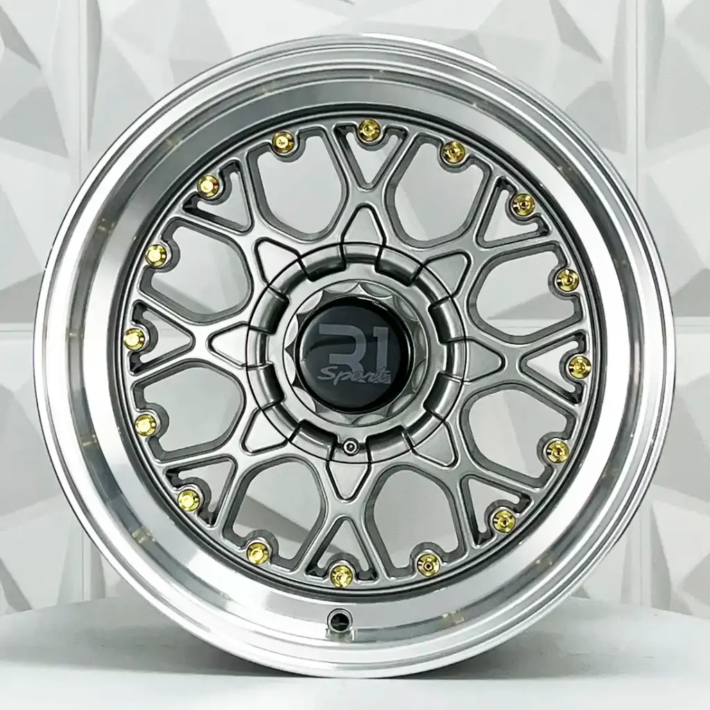 RIN 15X7.5 4-100/114.3 R1 SPORT 8001 GUNMETAL MACHINE LIP GOLD RIVETS ET18 CB73.